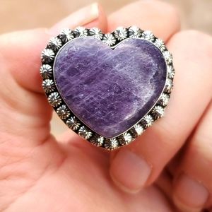 New Lepidolite Heart Shaped 925 Silver Statement Ring.